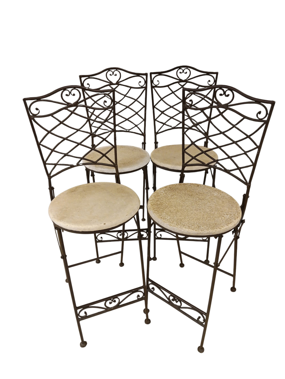 Folding Wrought Iron & Faux Stone Garden Bar Stool - Set of 4