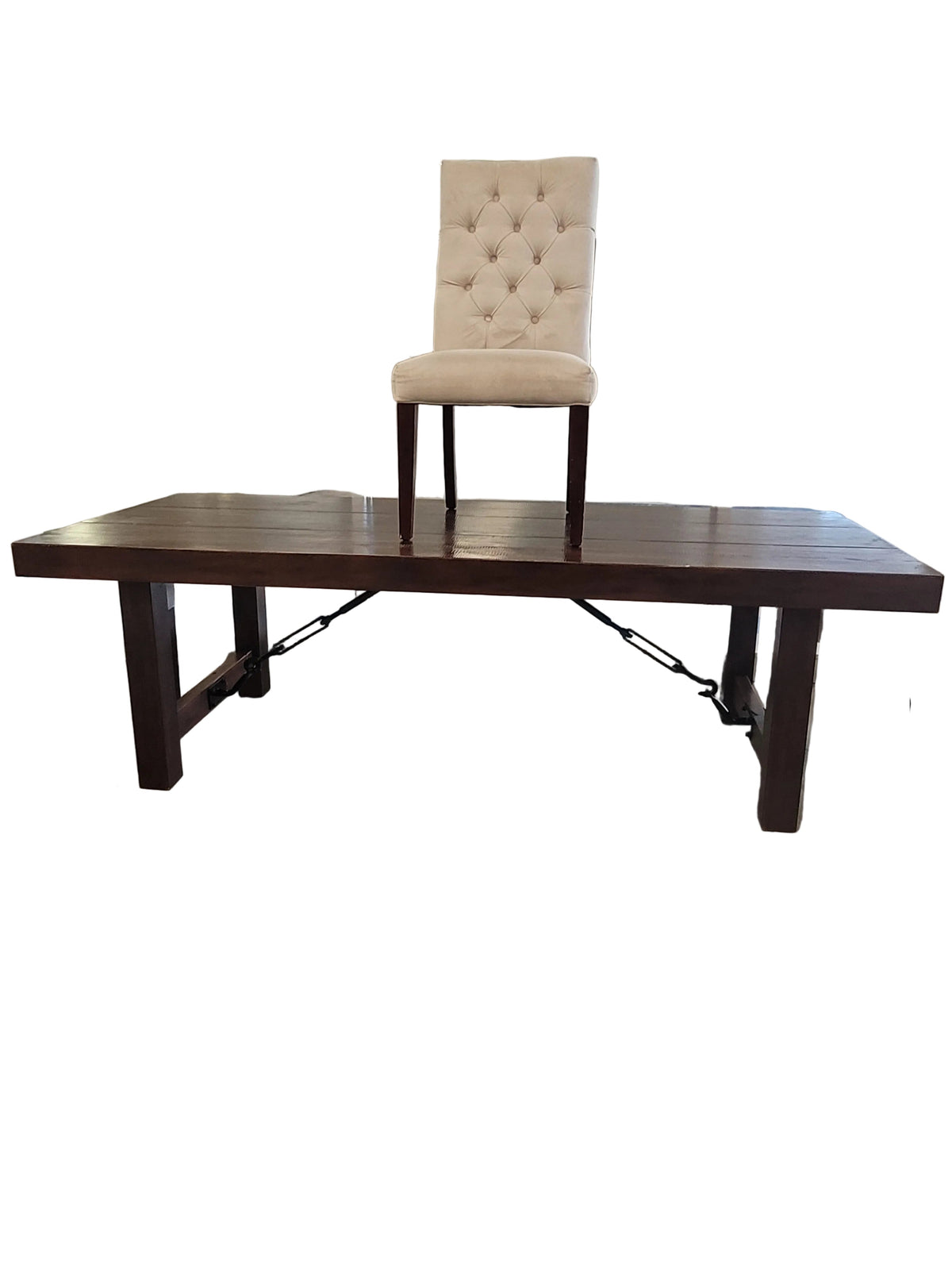 Farmhouse Dining Table W/ 6 Tufted Cream Chairs