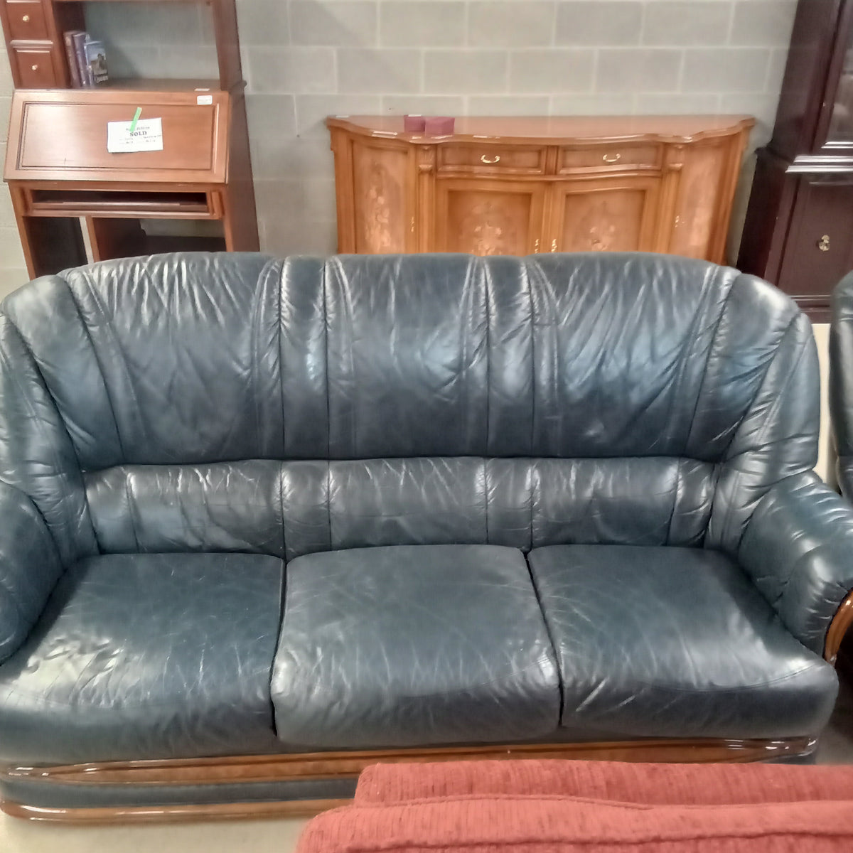 Navy Blue Leather 3-Seat Sofa W/Curved Wood Trim #FC3