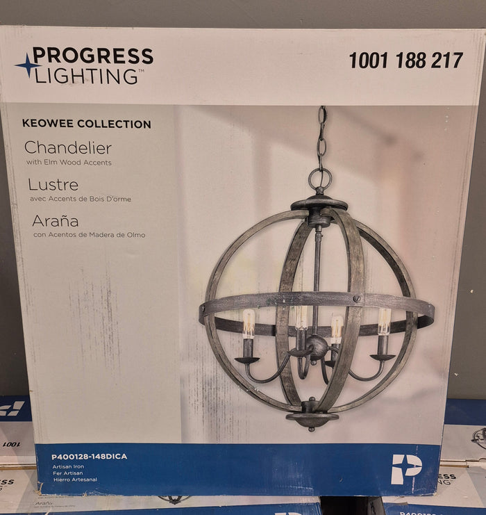 4-Light Artisan Iron Farmhouse Globe Candle-Style Chandelier with Elm Wood Accents