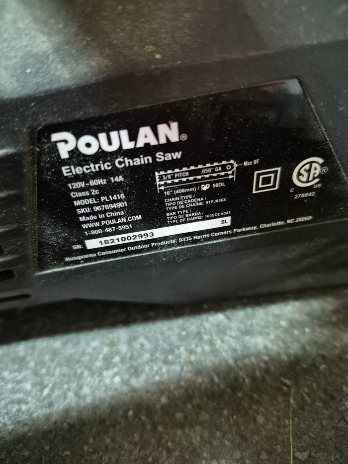 Poulan PL1416 14 Amp Electric Corded Chainsaw, 16"