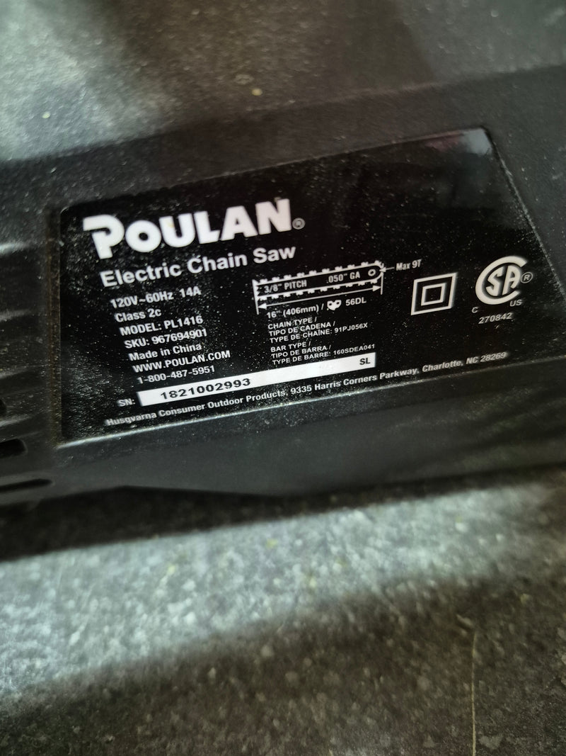 Poulan PL1416 14 Amp Electric Corded Chainsaw, 16"