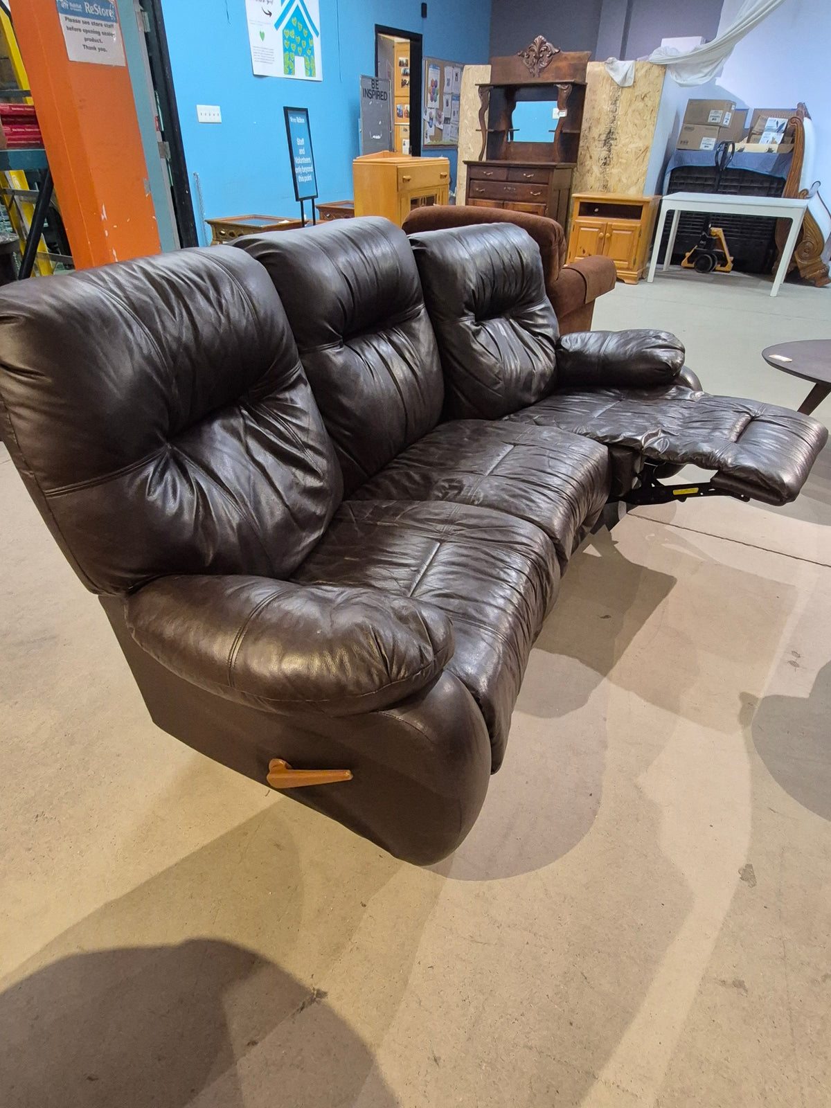 Brown Leather Reclining Sofa - - 1 side only reclines