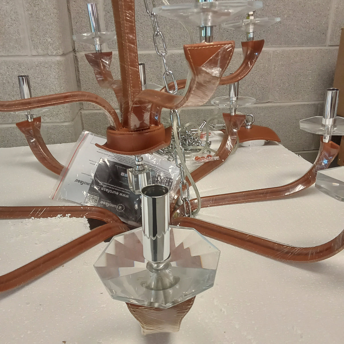 31"Diameter 12 Light Chrome and Brown Leather Chandelier