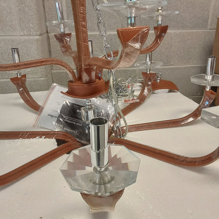 31"Diameter 12 Light Chrome and Brown Leather Chandelier