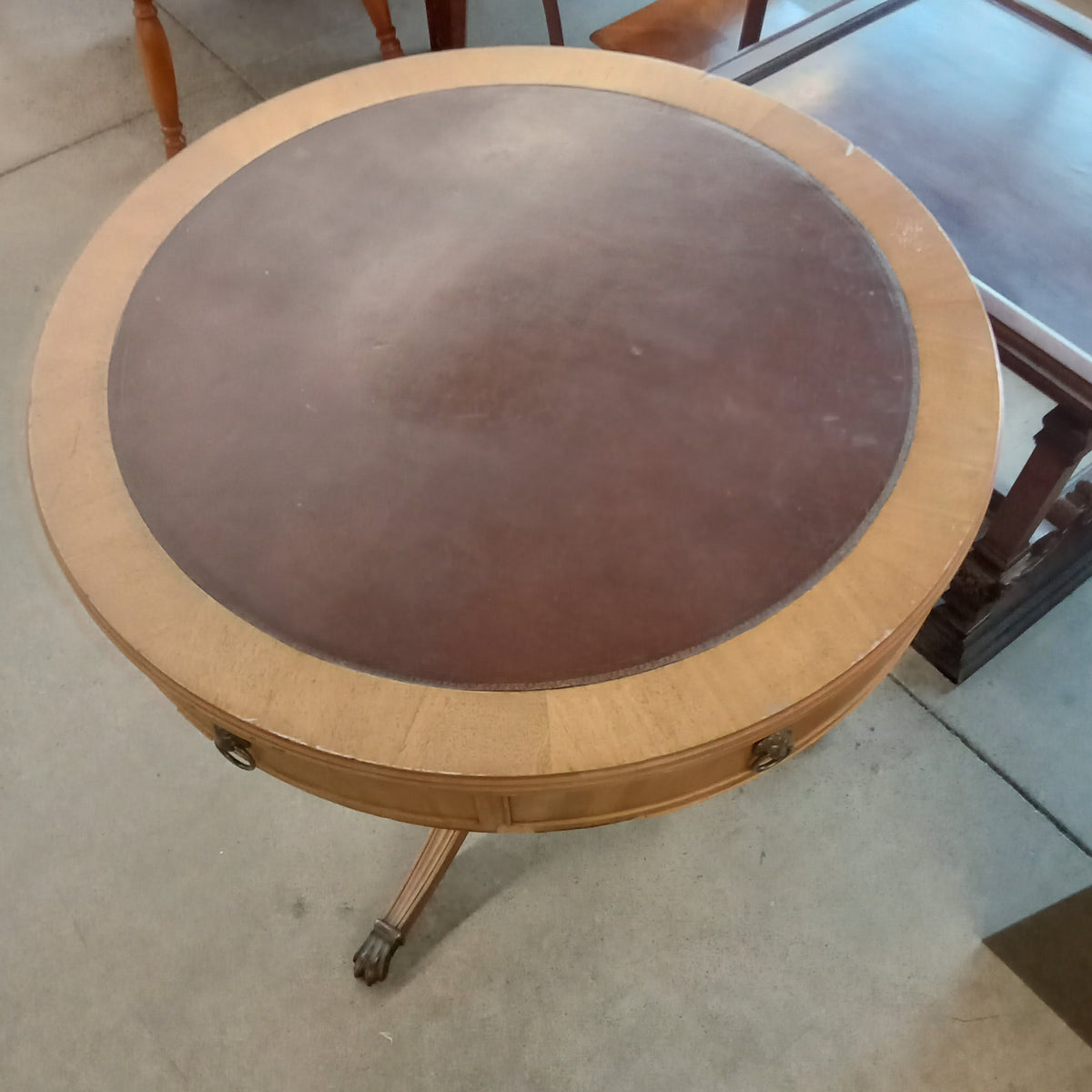 30"Diameter Side Table with Inlaid Leather Top