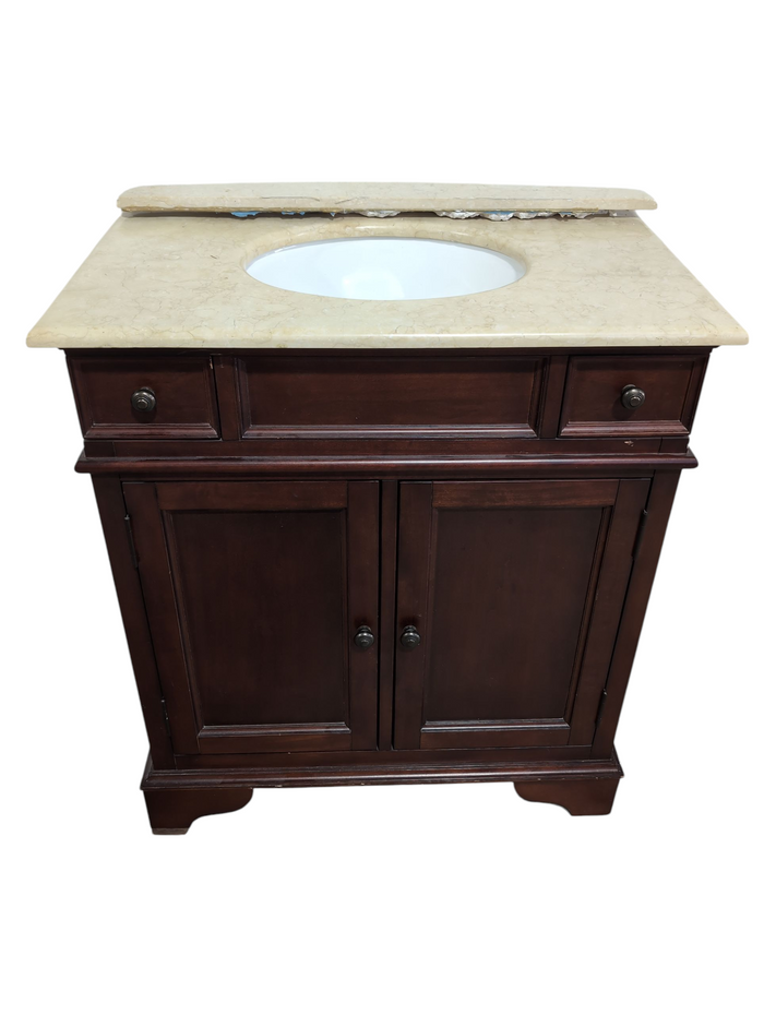 Brown Wooden Bathroom Vanity w/ Marble Top