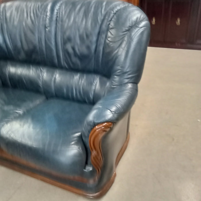 Navy Blue Leather Love Seat Sofa W/Curved Wood Trim #FC5