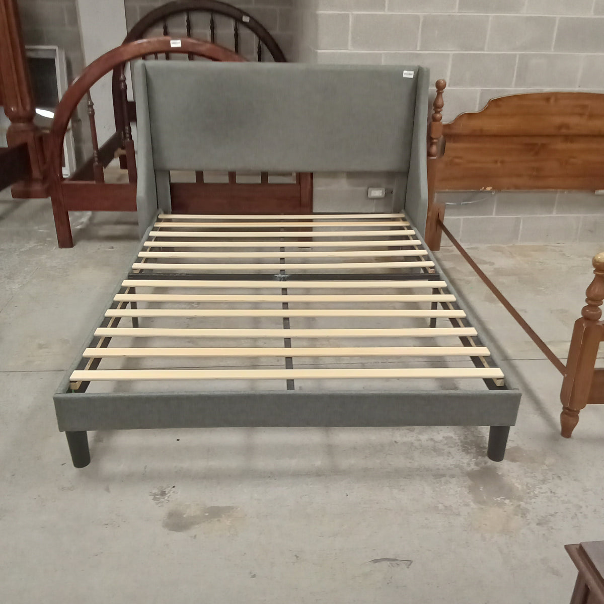60"W Bed Frame with Gray Fabric Headboard - Queen