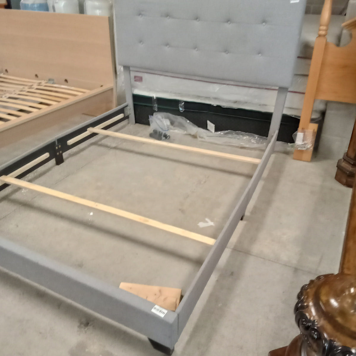 62"W Queen Bedframe with Gray Fabric Headboard