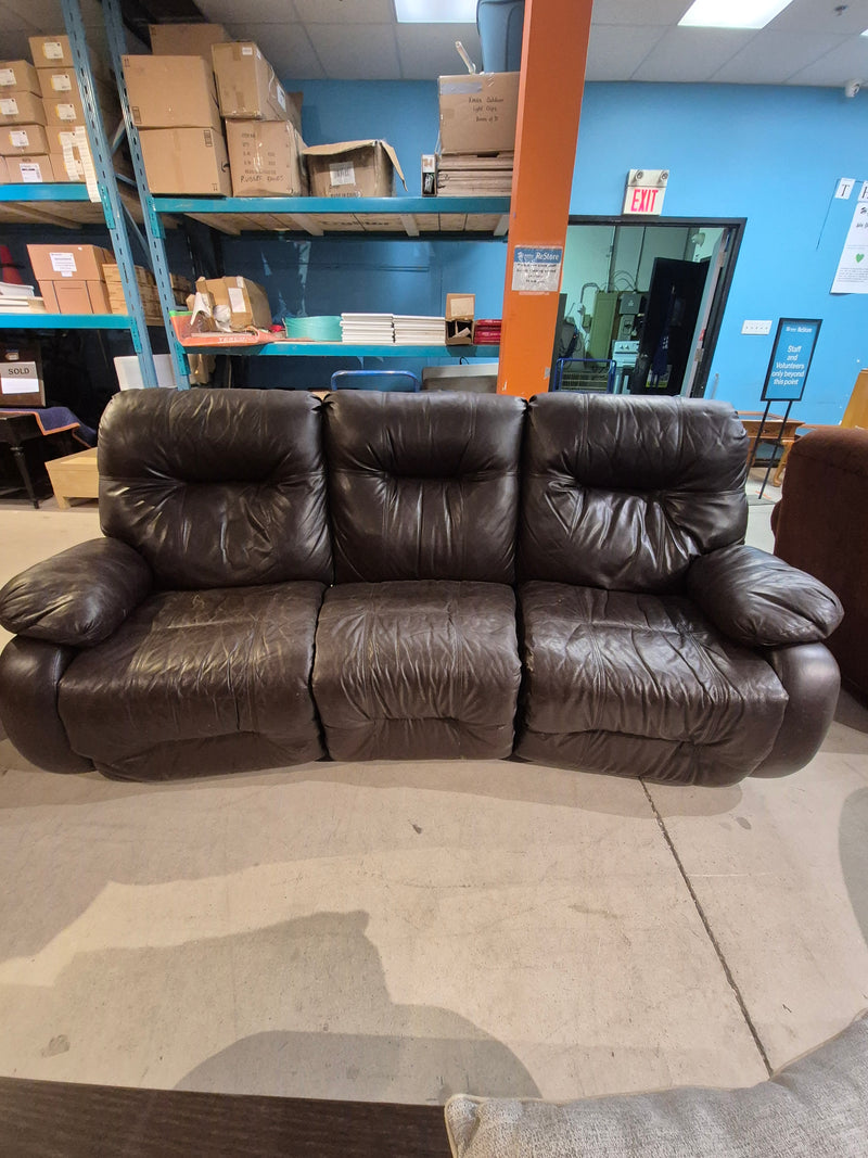 Brown Leather Reclining Sofa - - 1 side only reclines
