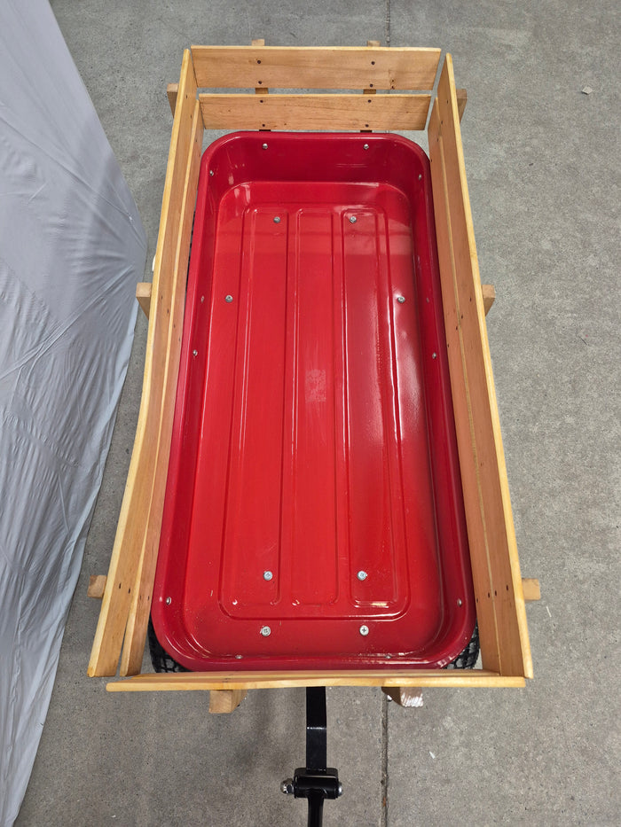 Red Steel Wagon with Wood Fence