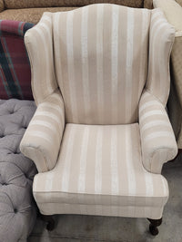 Cream And White Striped Wingback Chair