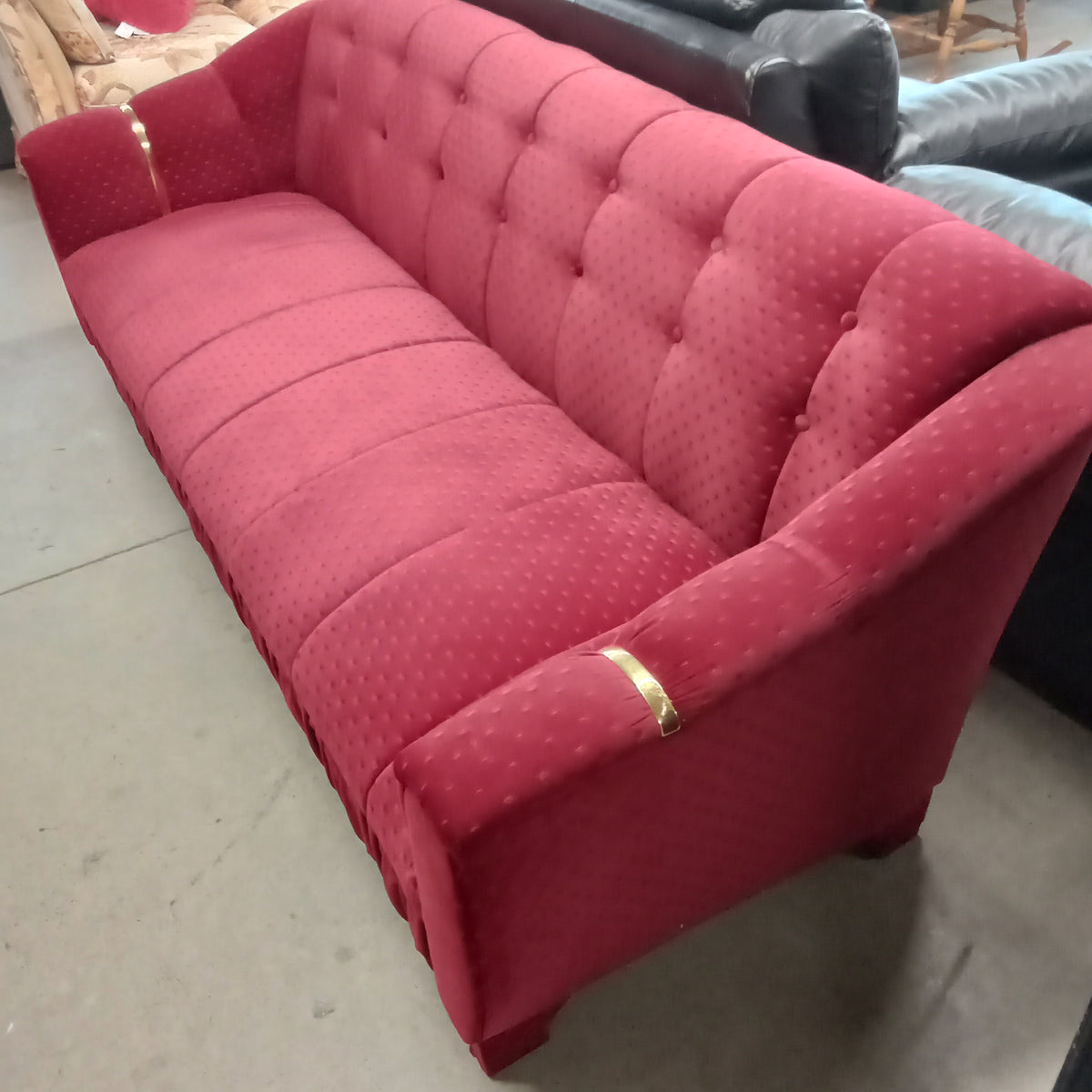 84"W 3-Seat Sofa in Red with Brass Accents
