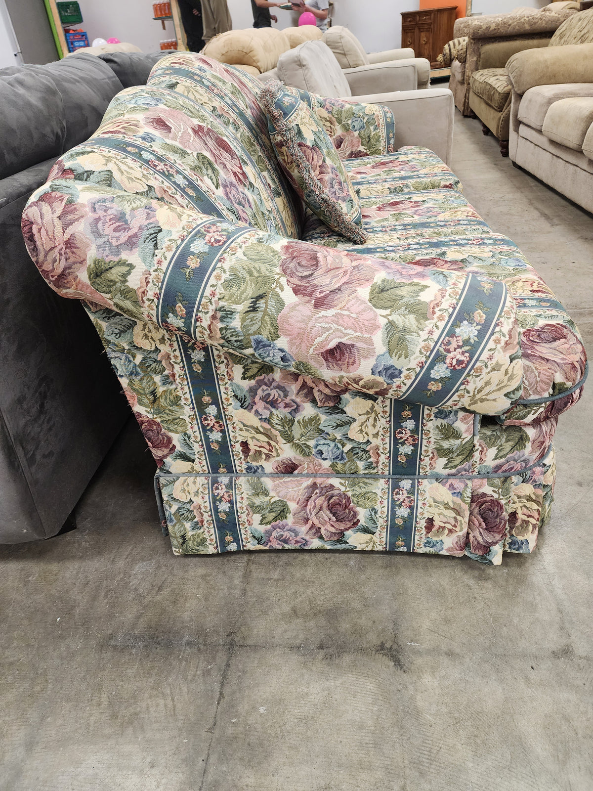 Green & Pink Floral Upholstered Sofa with 1 Cushion