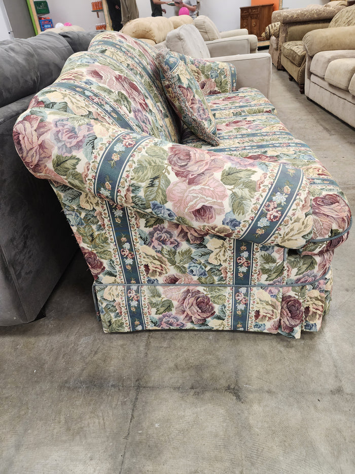 Green & Pink Floral Upholstered Sofa with 1 Cushion