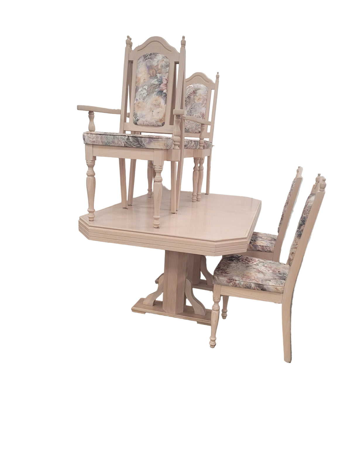Light Blonde Pedestal Dining Set W/ Floral Chairs