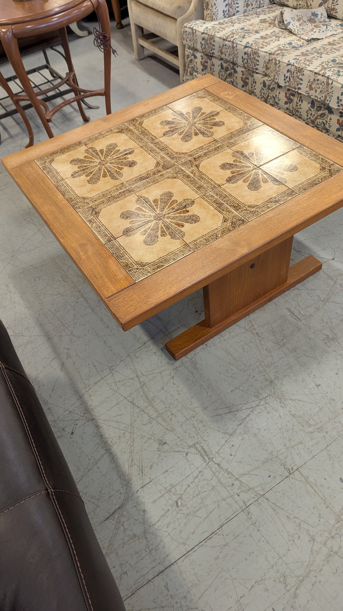 40"W Teak Coffee Table with Flower Tiles