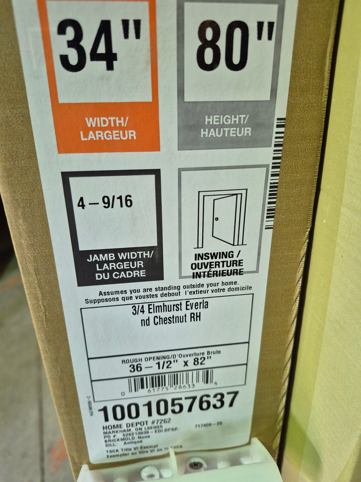 34" x 80" x 4-9/16" Chestnut 3/4 Lite Elmhurst Single Fibreglass Prehung Front Door RH