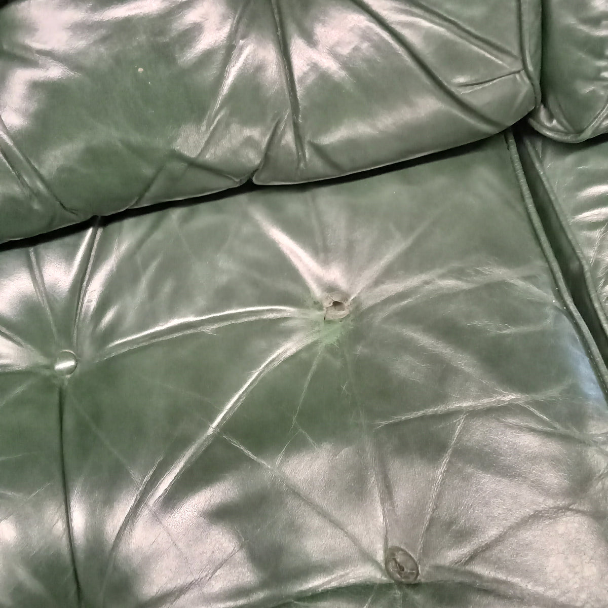 60"W Love Seat in Green Leather with Ottoman