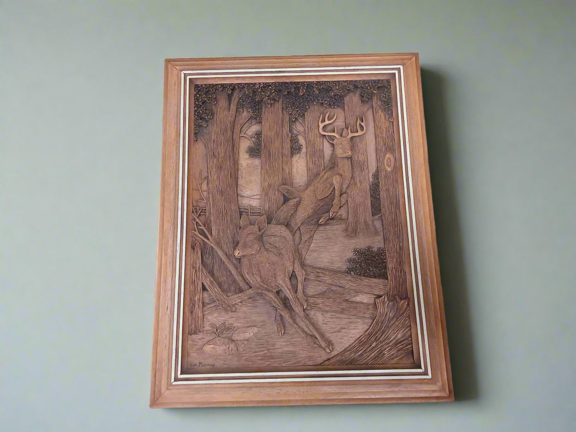 Kim Murray Wildlife Deer Buck & Doe Bas-Relief Faux Wood Carving