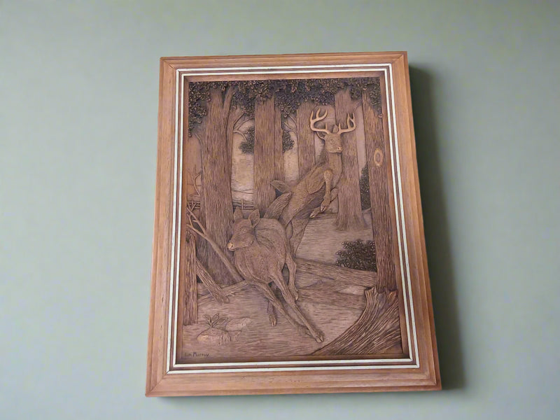 Kim Murray Wildlife Deer Buck & Doe Bas-Relief Faux Wood Carving