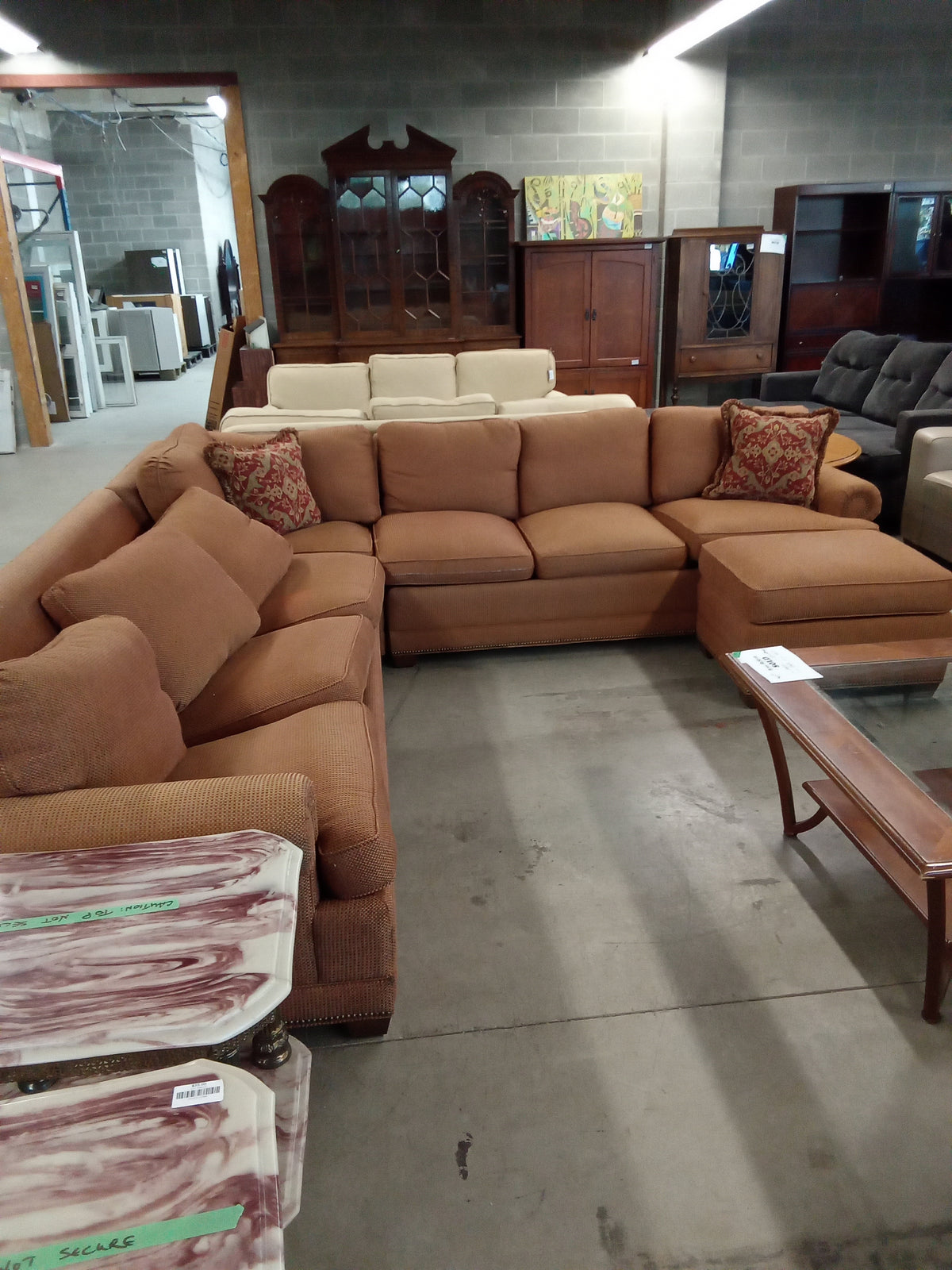 114" W Orange Woven Sectional Sofa