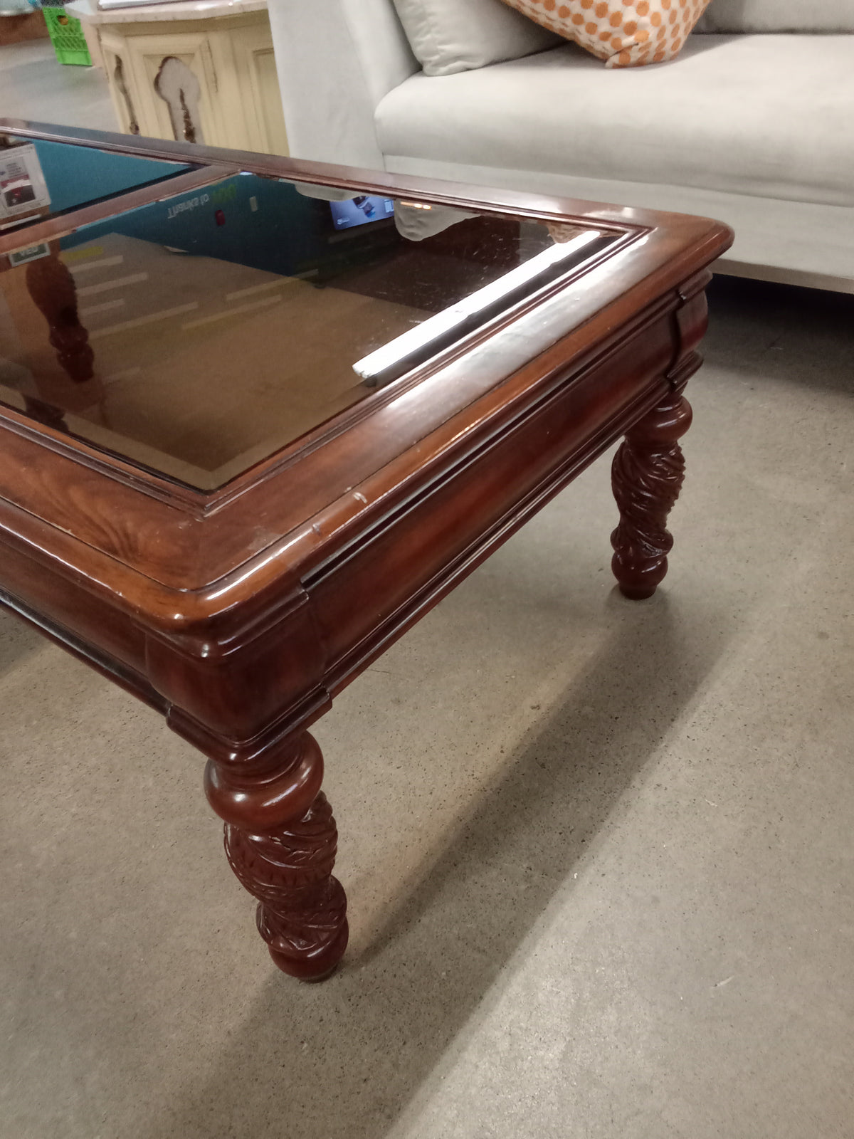 52"W Wooden Coffee Table with Glass Top