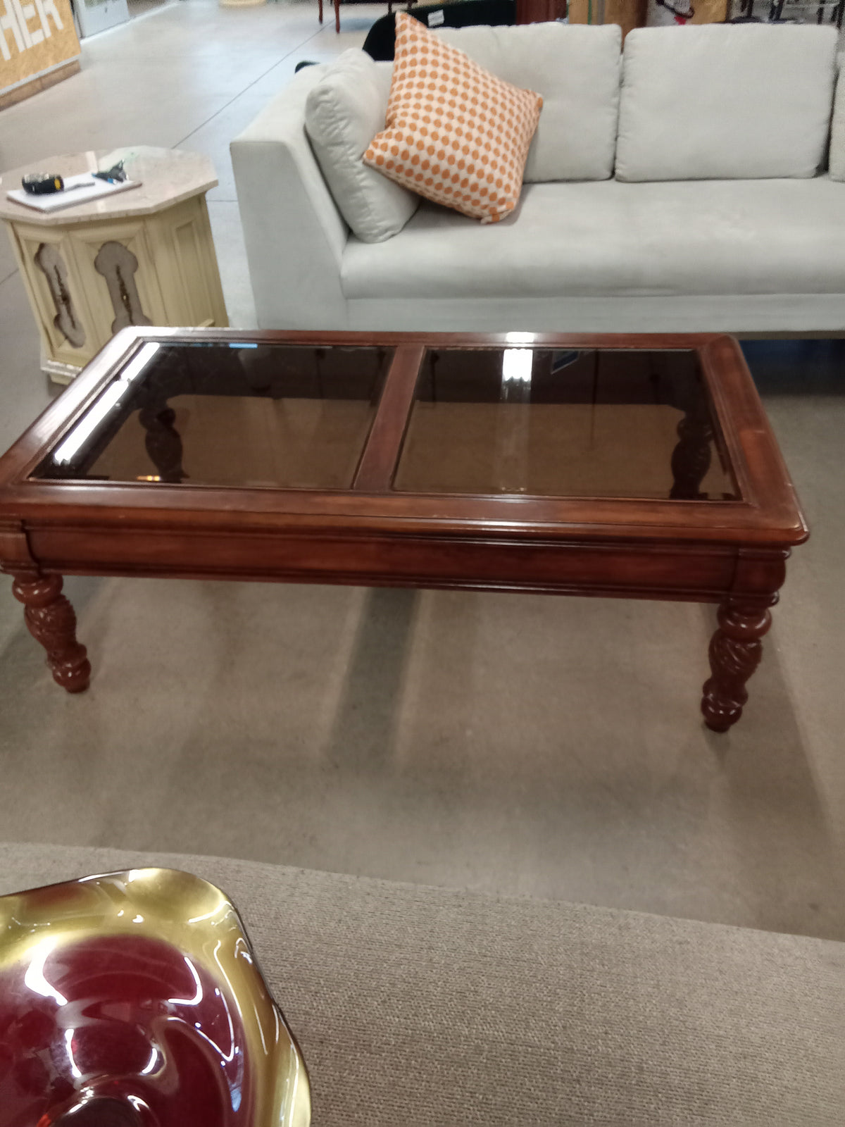 52"W Wooden Coffee Table with Glass Top