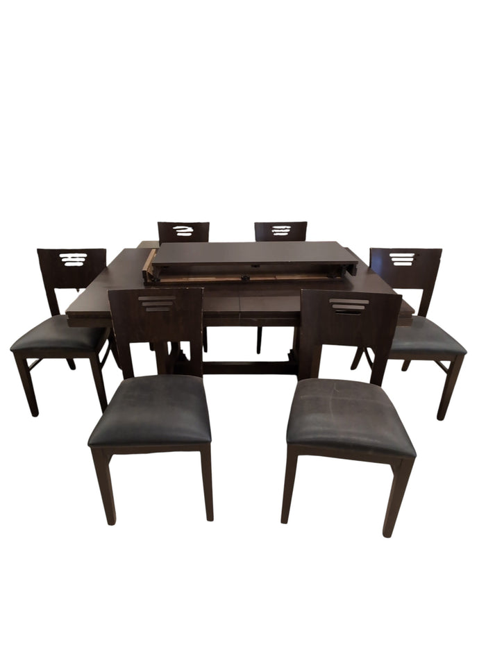 Dark Wood Dining Table Set w/ Six Chairs & Extendable Leaves