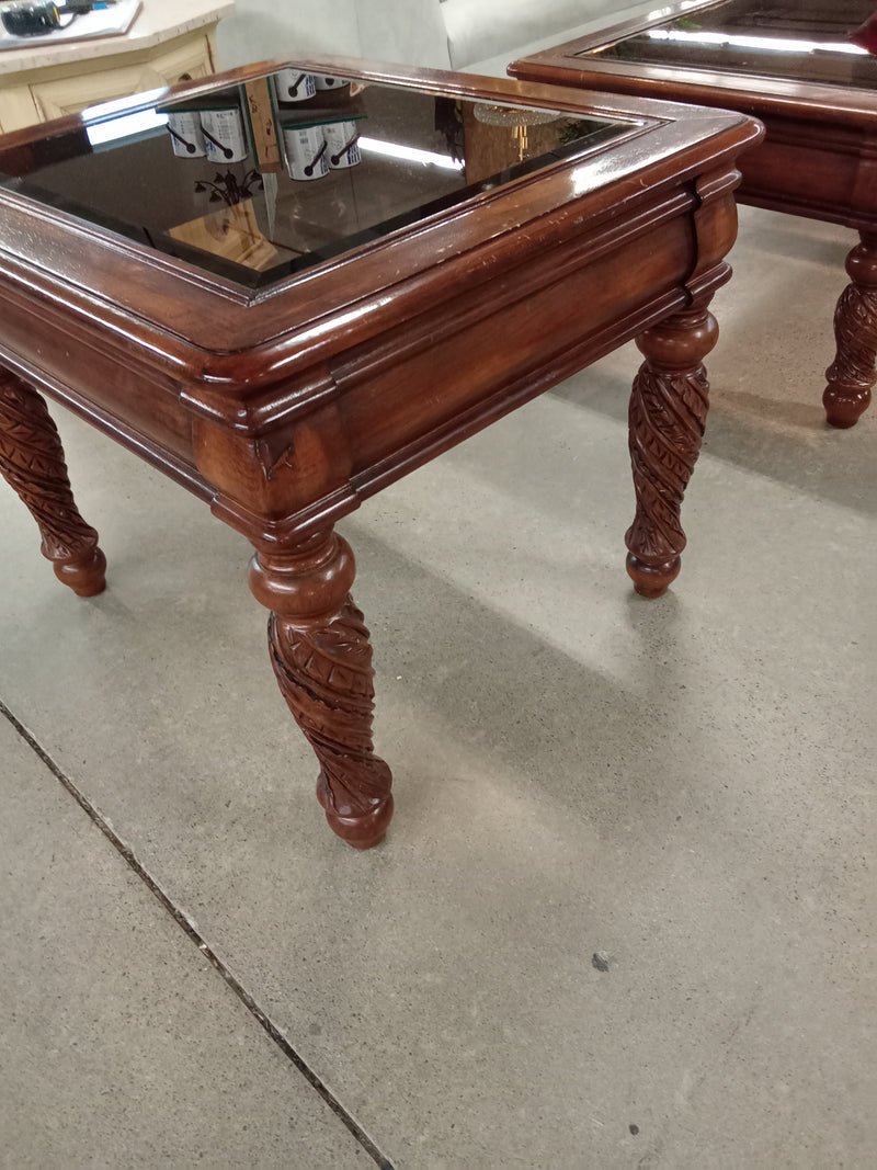 28"W Wooden Side Table with Glass Top