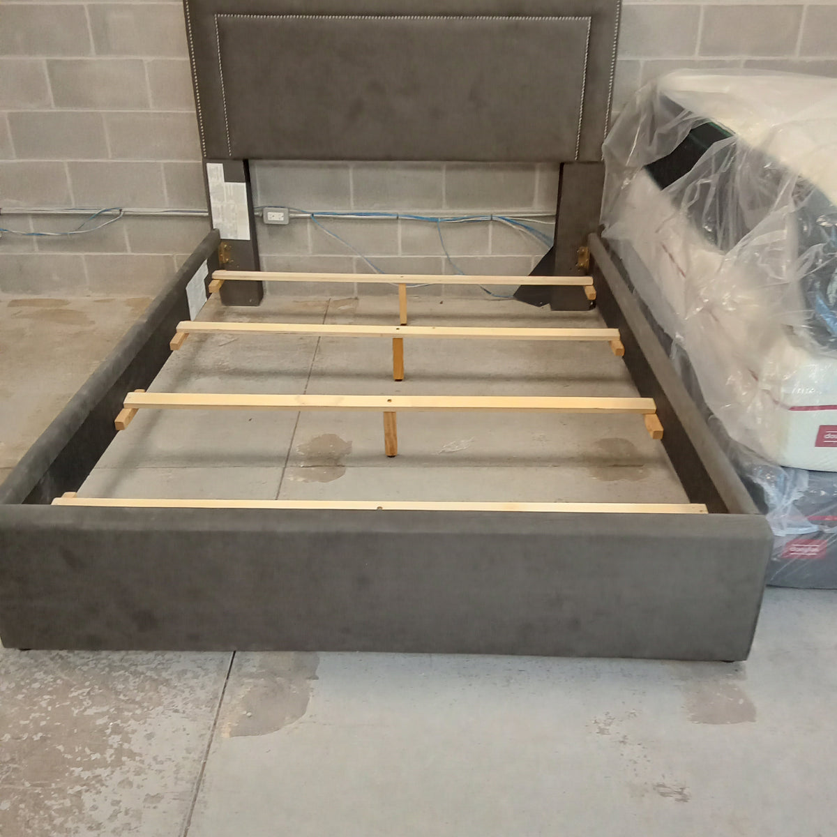 64"W Queen Sized Bed Frame in Gray Velour