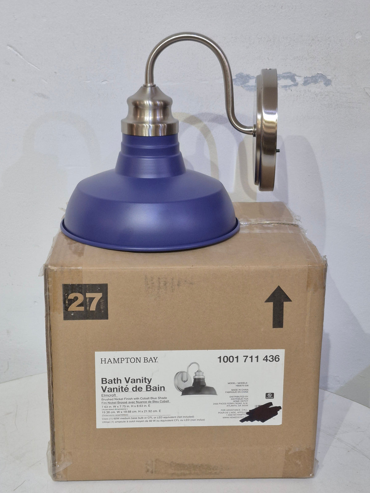 1-Light Brushed Nickel Modern Farmhouse Bathroom Vanity Light with Blue Shades