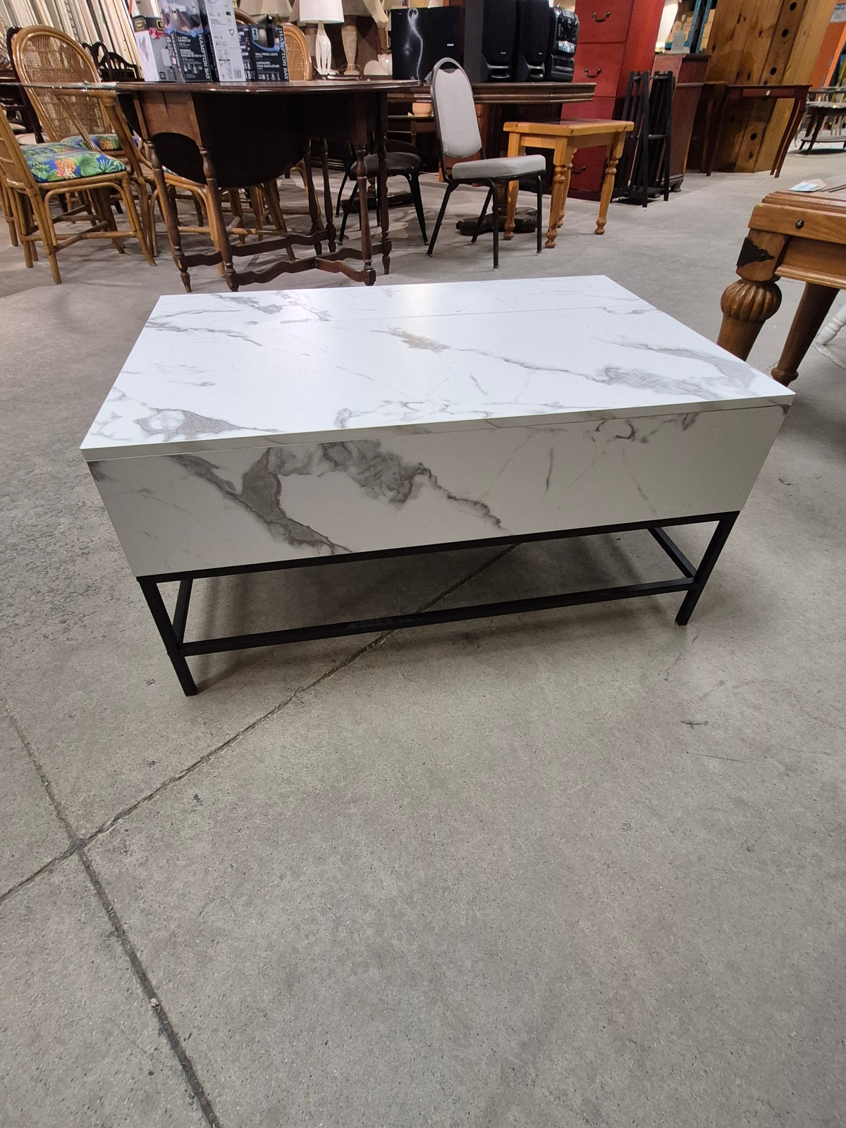 Lift Top Coffee Table w/ Hidden Storage Compartment Floating White Marble-Look