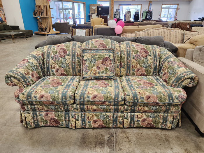 Green & Pink Floral Upholstered Sofa with 1 Cushion