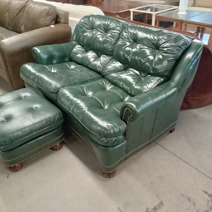 60"W Love Seat in Green Leather with Ottoman
