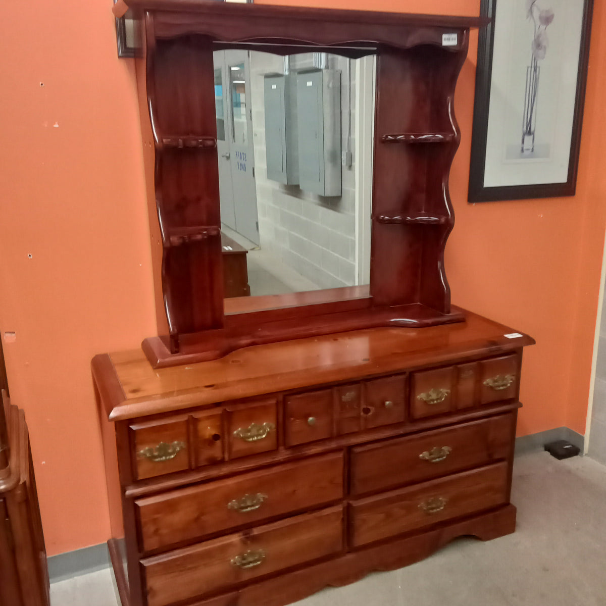 57.5"W Knotty Pine Dresser with Mirror