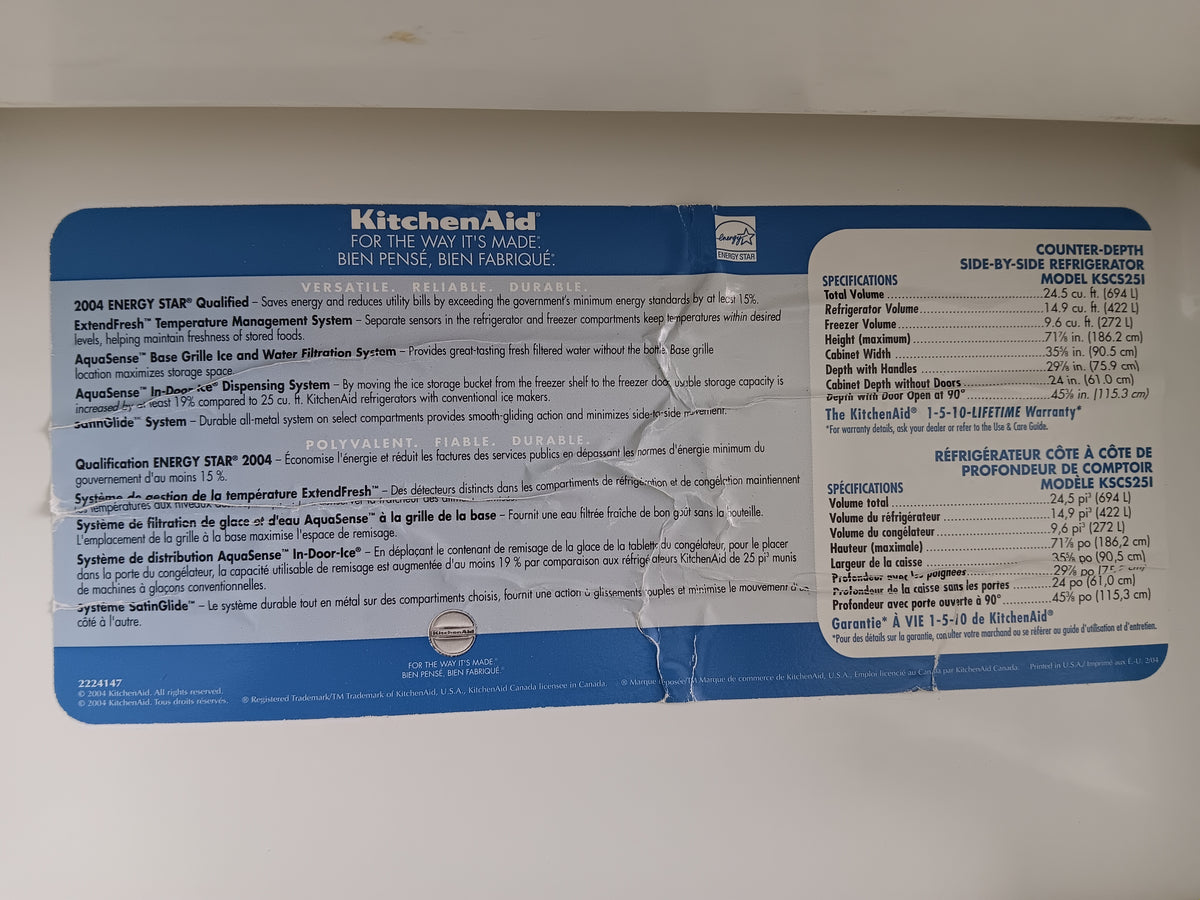 Kitchen AID Fridge / Frezeer with Ice & Water