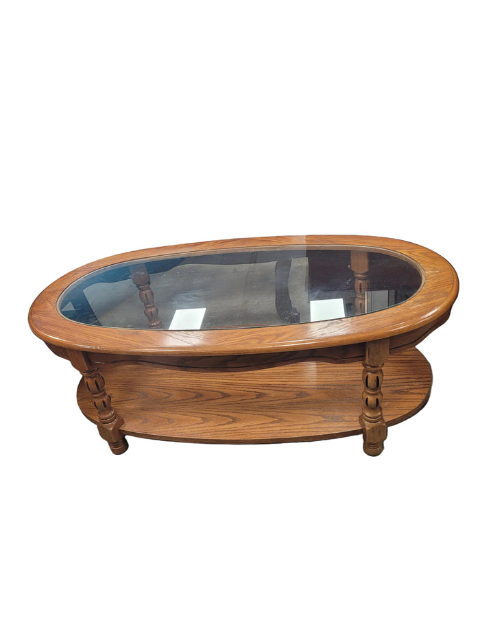Oval Glass-Top Coffee Table W/Turned Legs
