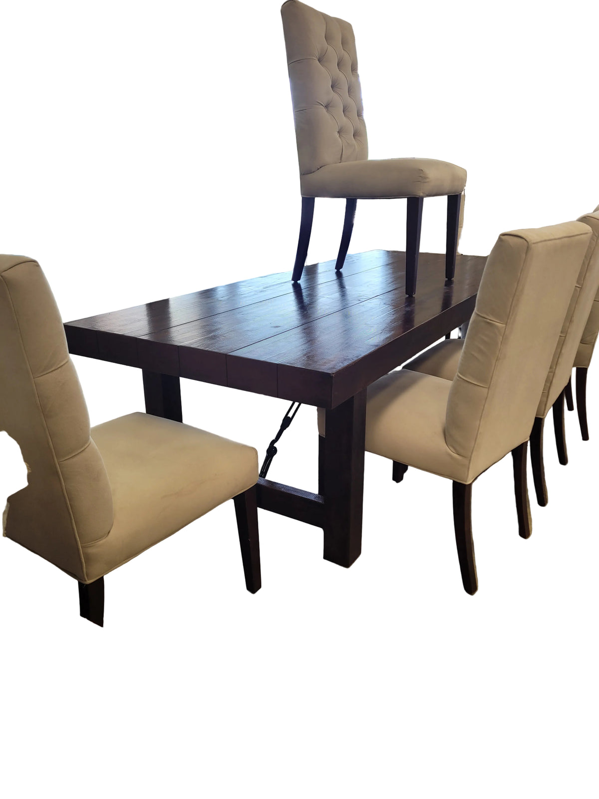 Farmhouse Dining Table W/ 6 Tufted Cream Chairs