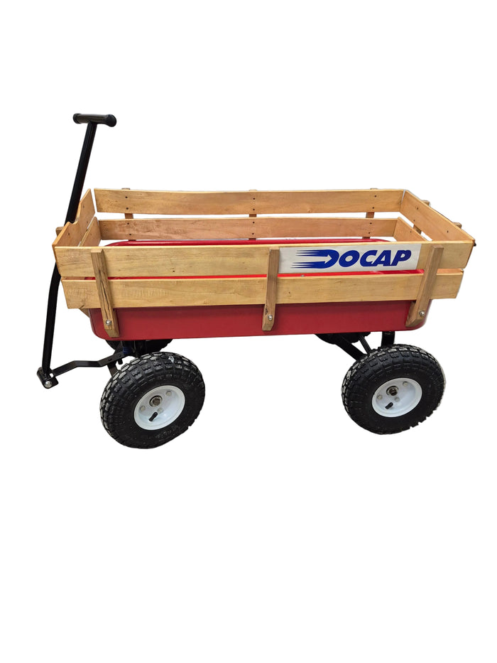 Red Steel Wagon with Wood Fence