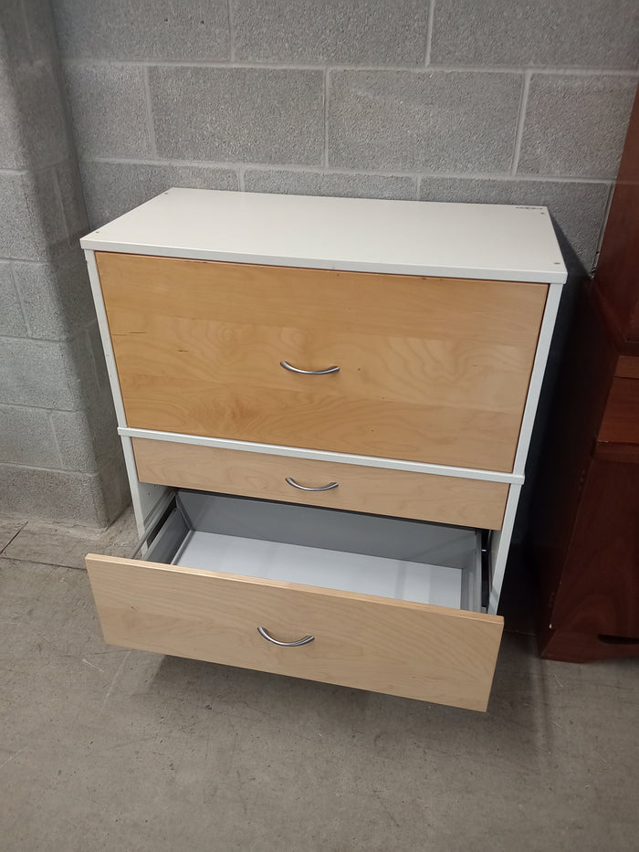 33"W White and Faux Wood Office Filing Cabinet