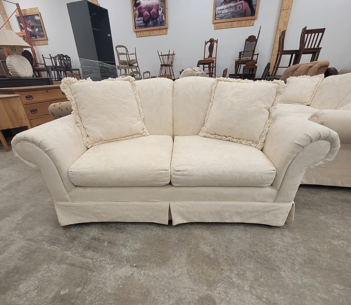 Off-White Loveseat W/Floral Damask Pattern