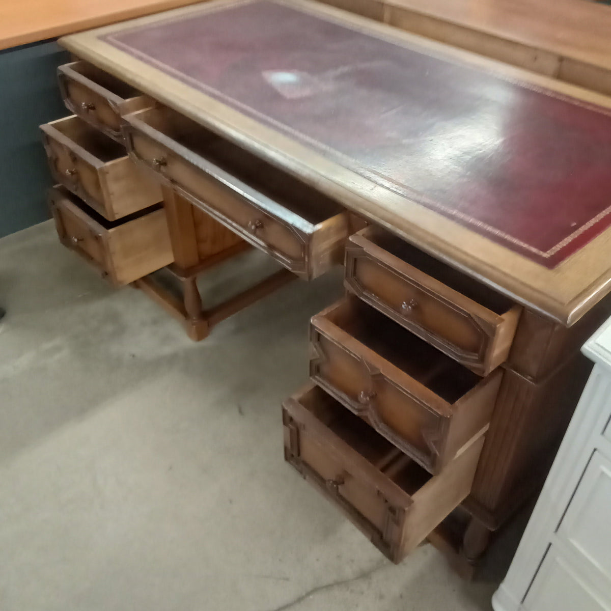 54"W Double Pedestal Desk with Burgundy Leather Inlay