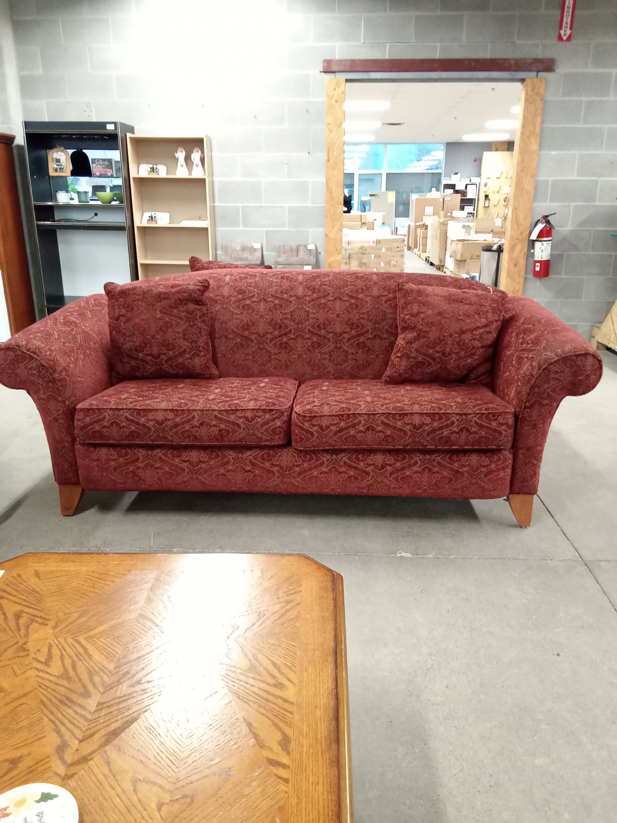 88"W Red Patterned Corduroy Sofa