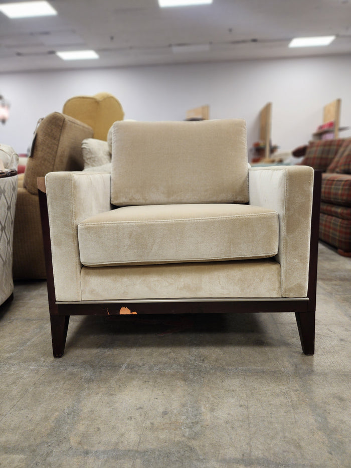 Modern Beige Armchair with Dark Wood Frame