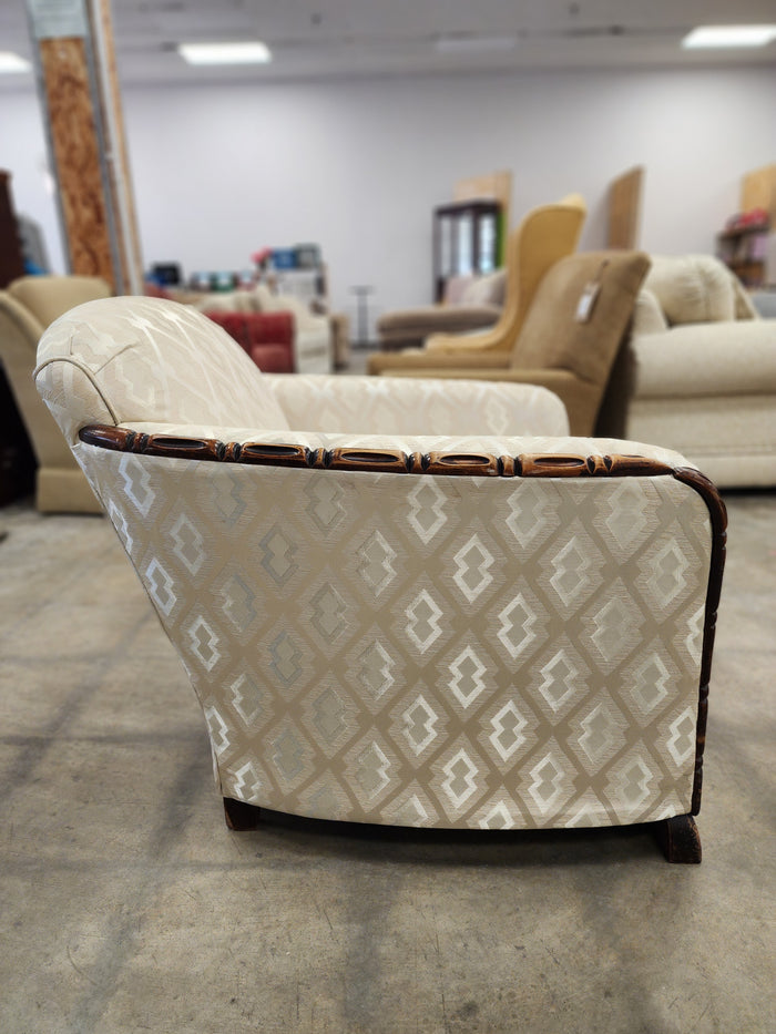 Beige Upholstered Armchair with Wood Carved Accents