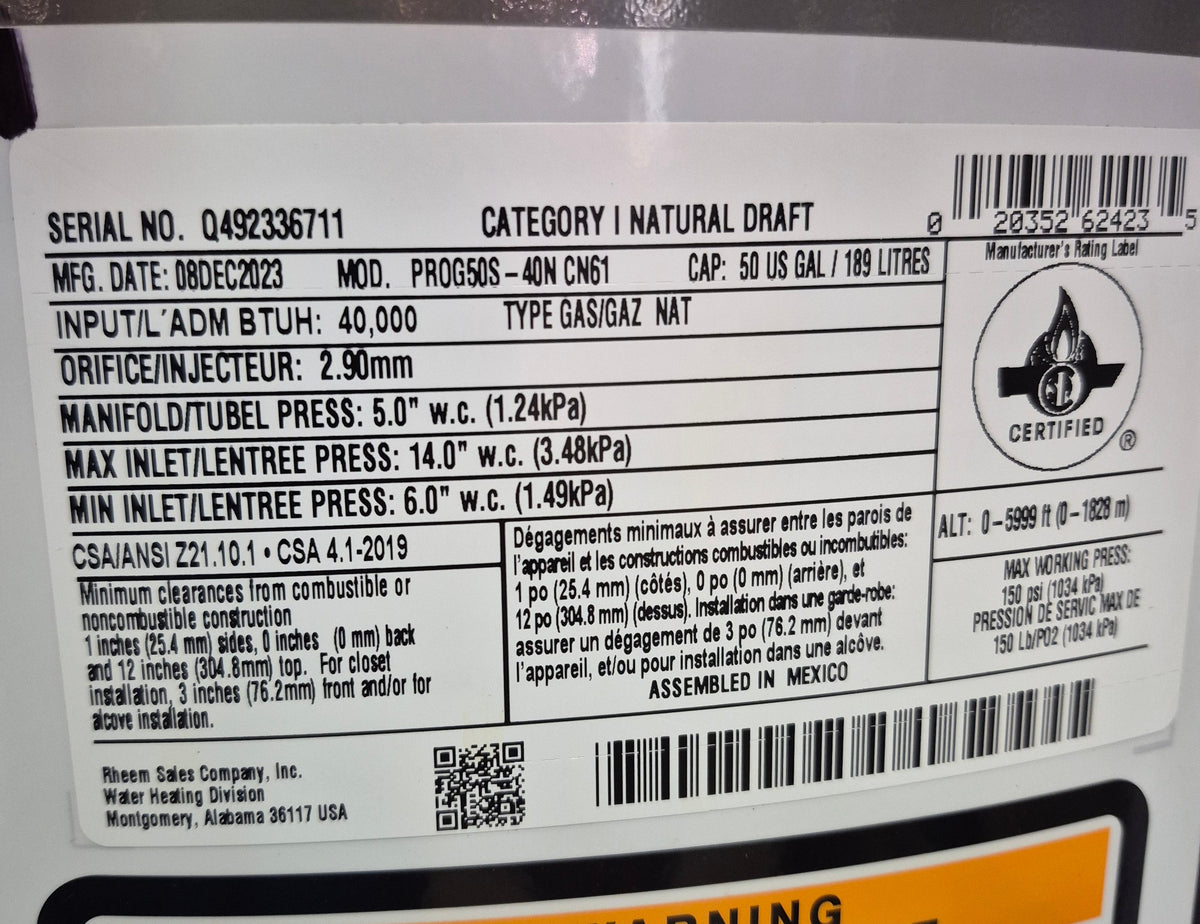 Rheem 189L Natural Gas Hot Water Tank