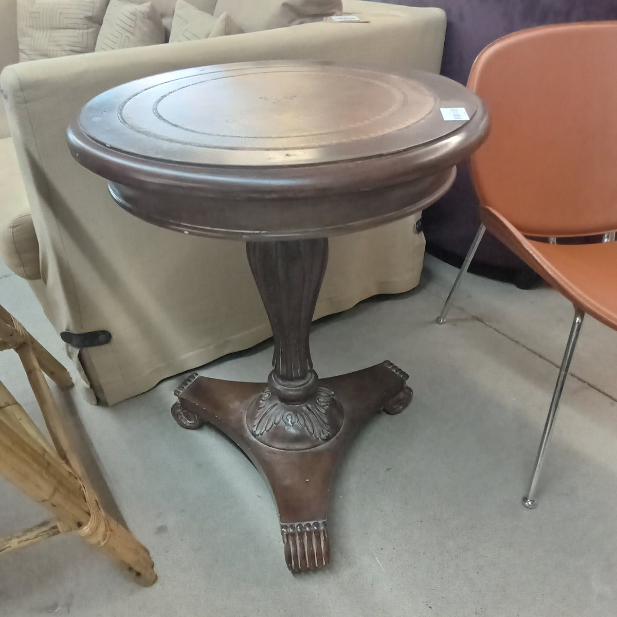 24"Diameter Side Table with Inlaid Leather Top