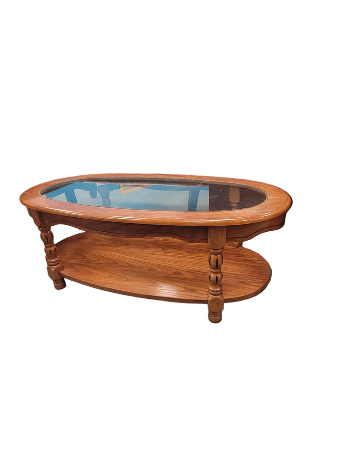 Oval Glass-Top Coffee Table W/Turned Legs